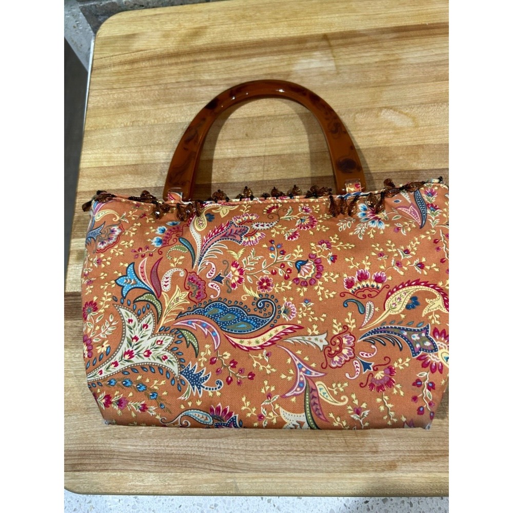 Talbots Persimmon Orange Paisley Print Satchel Bag with Shell Handles and Beads